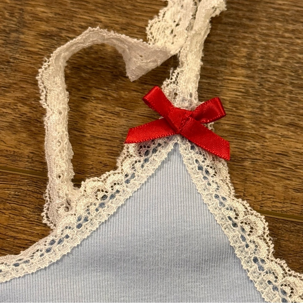 I HEART TOY POODLES I love Dogs Crop Top Cami Coquette Ribbon Bows Lace Blue S - Picture 4 of 4
